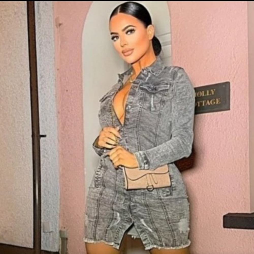 Acid Wash Denim Long Sleeve Bodycon Mini Dress
